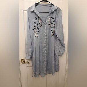 Womens Light Blue Butterfly Bird Embroidered Long Sleeve Button Down Shirt Dress